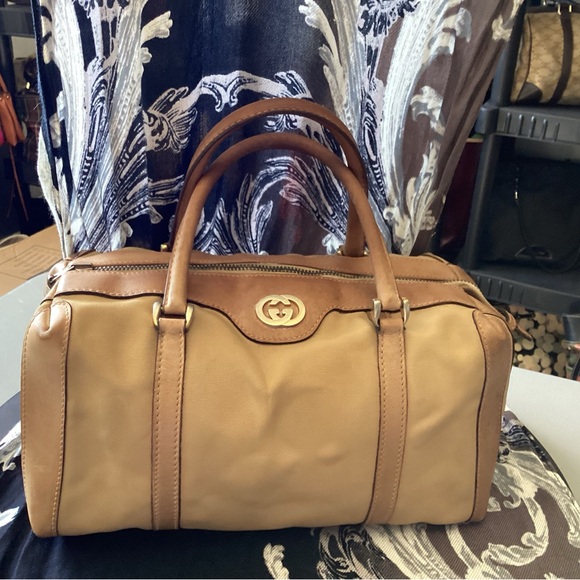 Gucci Boston Bag Canvas Tan Old Gucci 25 - Picture 1 of 12